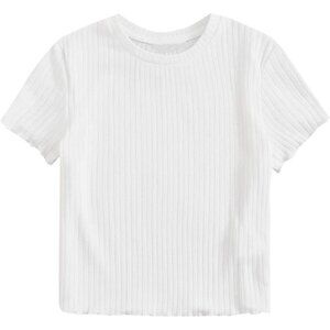 Women's Solid Crew Neck Ribbed Knit Short Sleeve Crop Top T Shirts